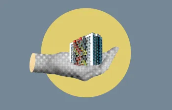 Mano sujetando edificio collage