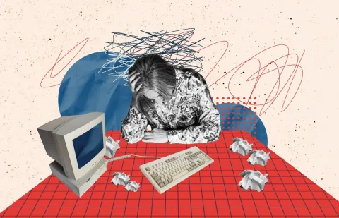 Collage mujer pensando con libros