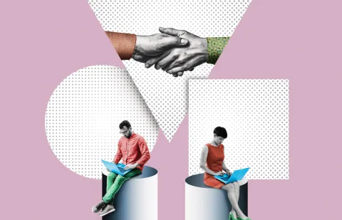 Hombre y mujer con ordenador collage