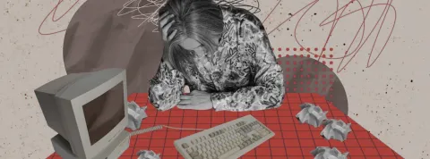 Banner Collage mujer pensando con libros