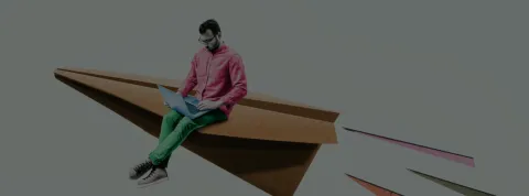 collage hombre sobre avión de papel banner