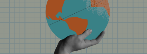 Mano sujetando planeta collage banner