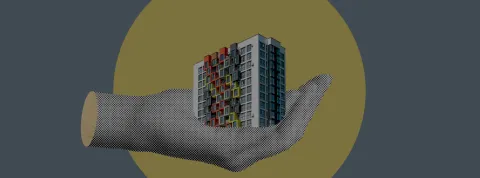 Mano sujetando edificio collage banner