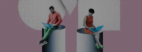 Hombre y mujer con ordenador collage banner