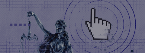 Diosa justicia con un click collage banner