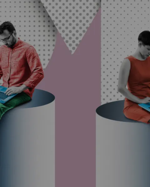 Hombre y mujer con ordenador collage banner