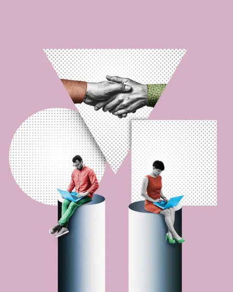 Hombre y mujer con ordenador collage