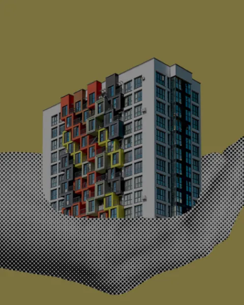 Mano sujetando edificio collage banner