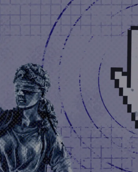 Diosa justicia con un click collage banner