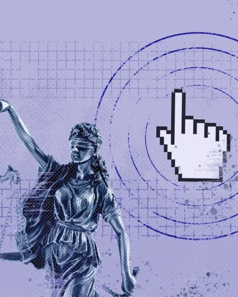 Diosa justicia con un click collage